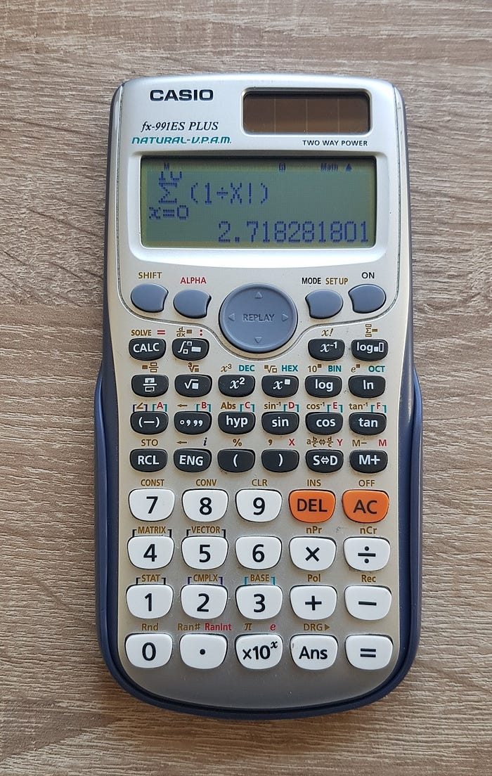 What Is So Special About 69! ? — An image of a scientific calculator (Casio fx-991ES PLUS) where the summation function is used to compute the value of Euler’s number (e) correctly up to 7 decimal places.