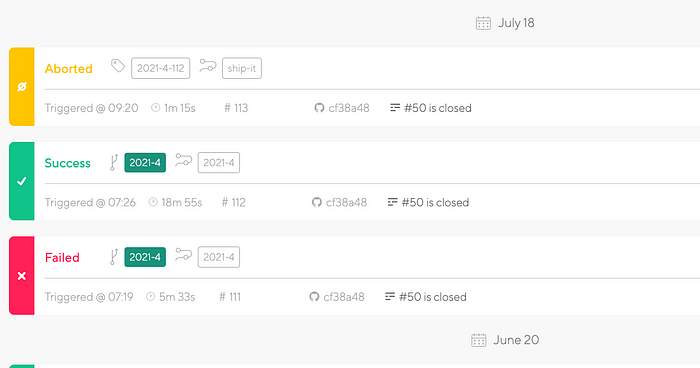 Bitrise dashboard showing my last 3 builds. They just so happened to be aborted, success, and failed.