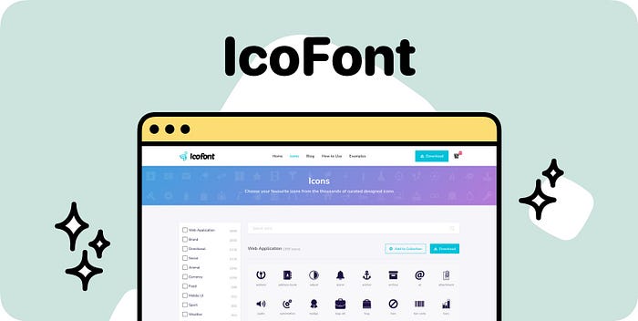 Screenshot of ico font website with list of icons and editing tools