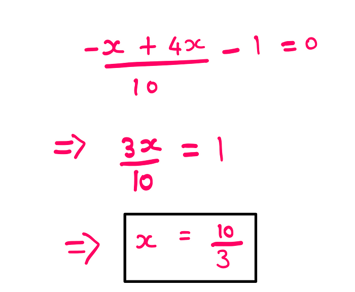 The Shipwreck Puzzle: [(-x+4x)/10] — 1 = 0; 3x/10 = 1; Therefore, x = 10/3
