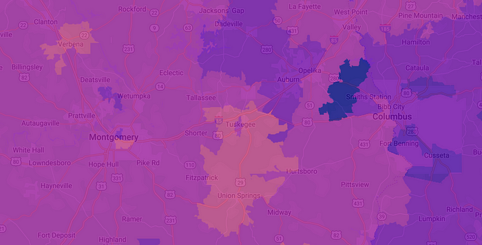 A map shows counties around Montgomery, Alabama, with varying colors to represent gas prices.
