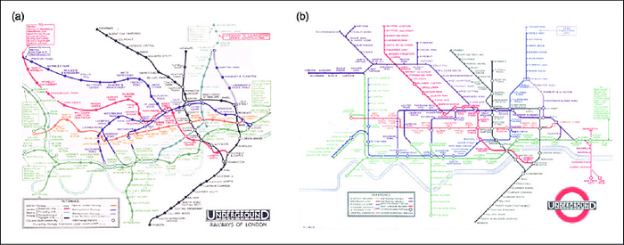 A side-by-side comparison of the original London Underground Map and the updated version