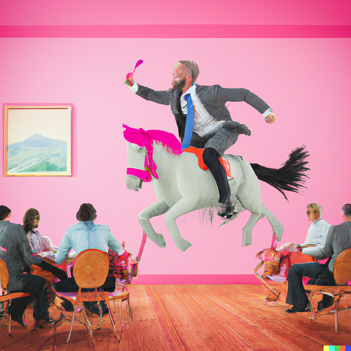 Pioneer on a horse galloping into a pink boardroom full of business people