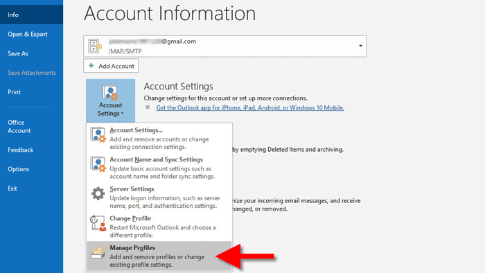 outlook account settings advanced tab