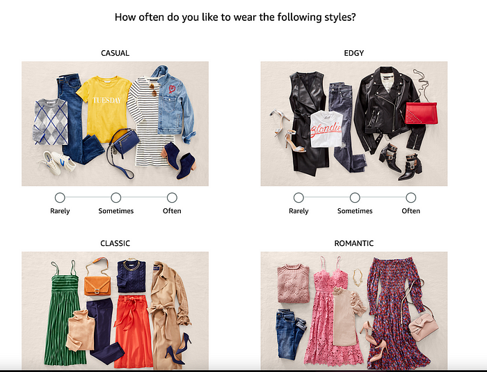Style quiz. Multiple style options are shown, including casual, edgy, romantic, and classic.