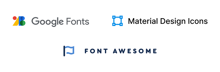 A picture contains logos of Google Fonts, Material Design Icons and Font Awesome.