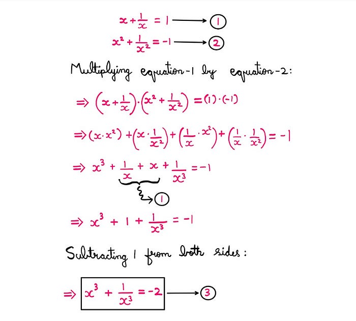 How To Really Solve This Tricky Algebra Problem (XII) — A whiteboard style graphic-illustration showing the following information: Equation-2: x² + (1/x)² = −1; Equation-1: x + (1/x) = 1; Multiplying Equation-1 and Equation-2: [x² + (1/x)²]*[x + (1/x)] = (−1)*(1); x³ + x + 1/x + 1/x³ = −1; Substituting x + 1/x = 1: x³ + (1/x³) + 1 = -1; Subtracting 1 from both sides: Equation-3: x³ + (1/x³) = -2