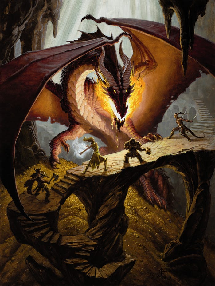 Adventurers fighting a dragon in their lair