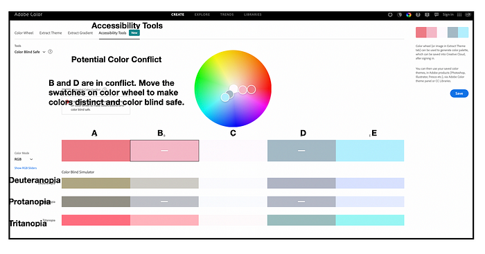 Using Adobe Color’s Accessibility Tools for Preliminary Color Deficiency checks of TritaLightRB-5 color scheme. TritaLightRB-5 fails Protanopia and Deuteranopia tests.