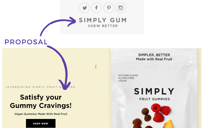 Two screenshots of the Simply Gum website showing proposals of “Chew Better” and “Satisfy your gummy cravings!”
