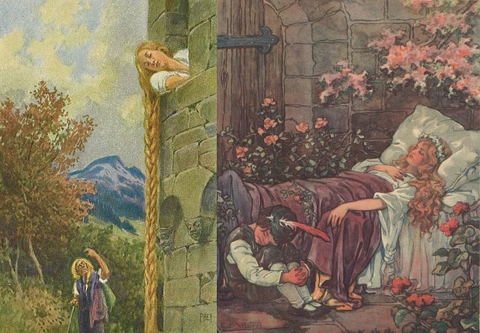  Coma, not a coma: Rapunzel and Sleeping Beauty. (source: Wikimedia Commons)
