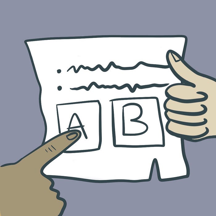 A piece of paper open with two bullet points and a box with the letter A inside and a box with the letter B inside. One darker skinned hand is pointing at the A box while a lighter skin hand is giving a thumbs up.