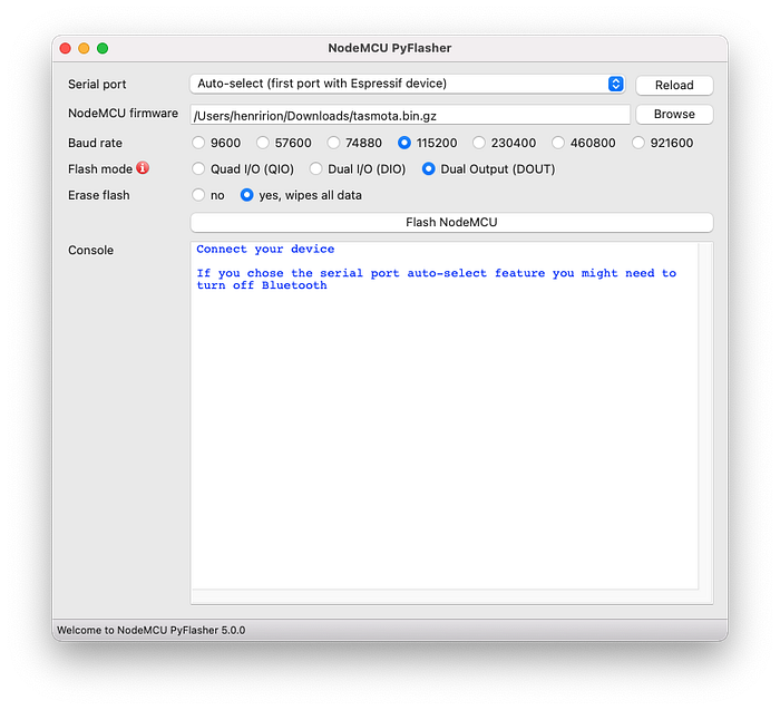NodeMCU PyFlasher configured