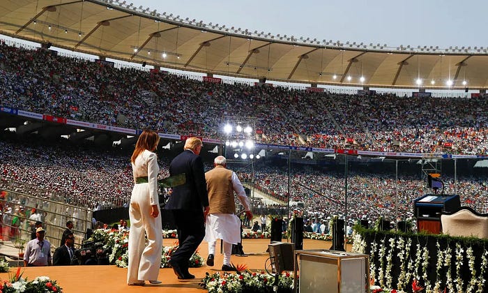US president, Donald Trump, first lady, Melania Trump, and Indian prime minister, Narendra Modi, at Sardar Patel Gujarat Stadium in Ahmedabad