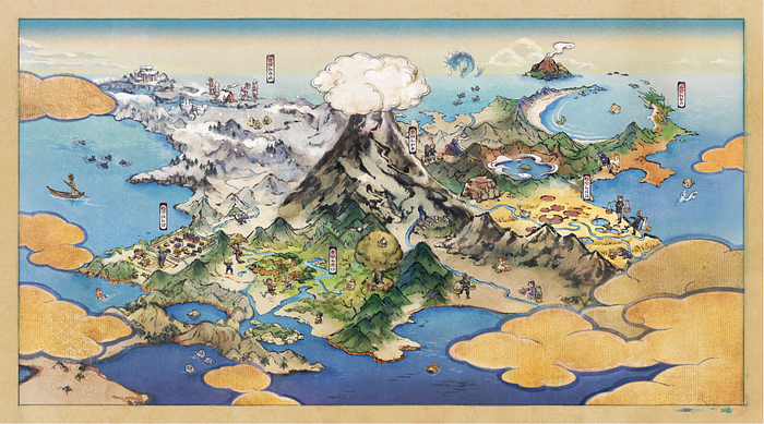 A map of the Hisui region, featuring a central mountain surrounded by areas of ice, forest, mountains, and desert.