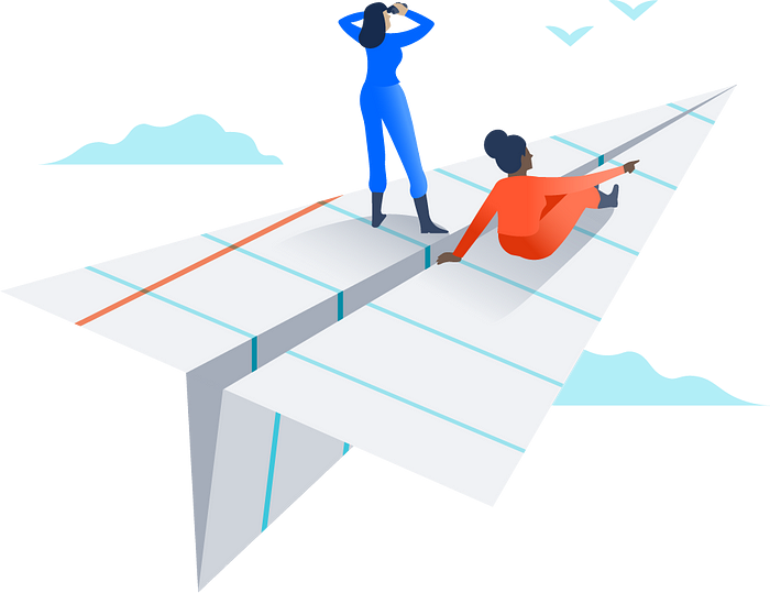 2 girls on a paper plane flying