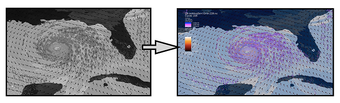 Visualization of a computational modeled hurricane with the image on the left in the original achromatic color scheme and the image on the right in the finalized Purple-Blue-Orange color scheme.
