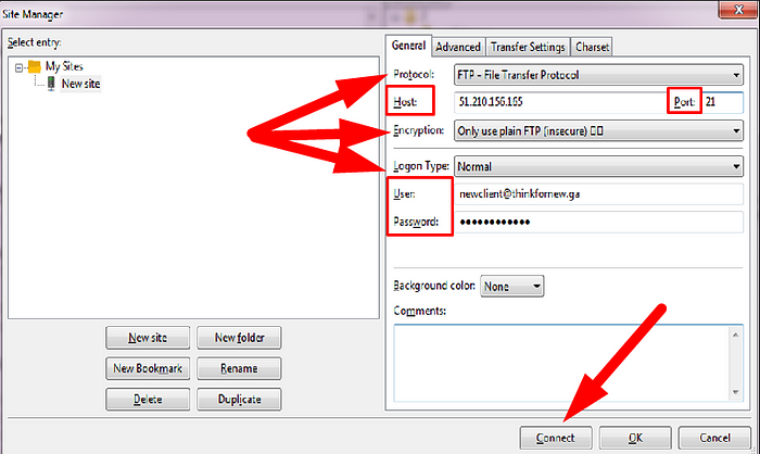 Details required to connect to FileZilla Configure FileZilla