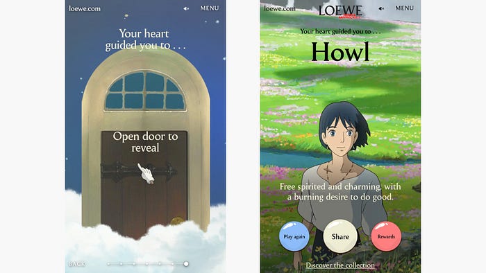 Two screenshots showing the final screens in the user journey. In the first one, there is a gate that the user has to open in order to check what character is waiting outside. In the second screenshot, the user obtains the results.