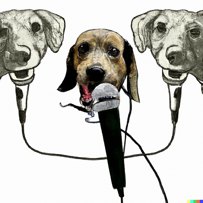drawing of dog with three heads, surrounded by microphones