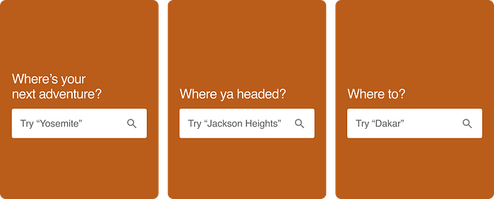 Three identical interfaces, with different headers and input helper text that guide the user with specificity.