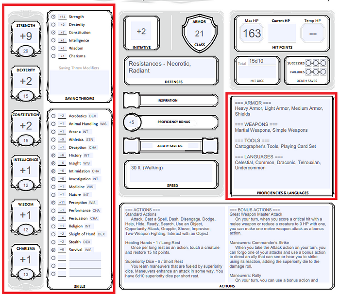 A smaller clip of the first image. Red boxes highlight the sections containing the character’s ability scores, skills, proficiencies, and languages.