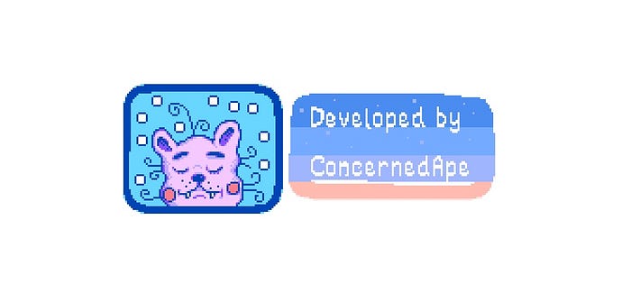 A small purple cat-like creature in a blue frame, beside the words “Developed by ConcernedApe.”