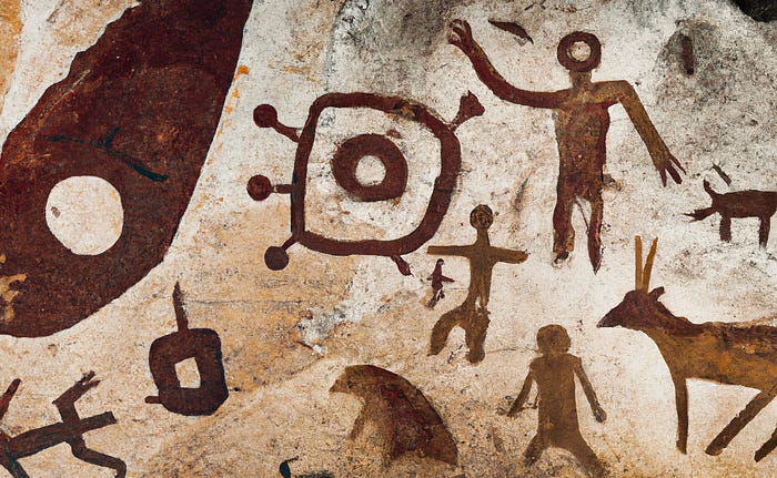 Detailed photograph, of an ancient cave painting, featuring modern icons, from time magazine, made with DALLE