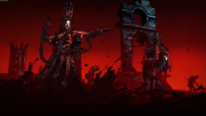 Artwork from The Darkest Dungeon 2, displaying a character on a battlefield covered in chains.