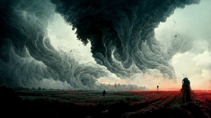 Surreal looking dark clouds sweep across a field. There’s a red glow to the ground on the right and a dark figure.