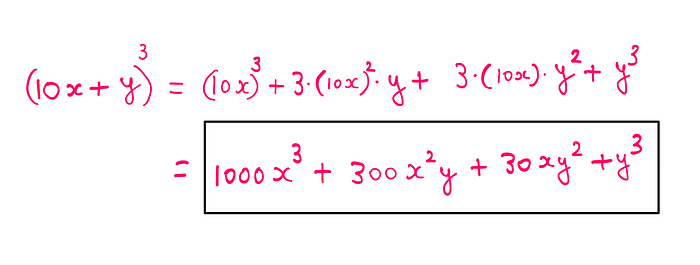 How To Mentally Calculate Cube Roots As 2-Digit Integers? (10x + y)³ = (10x)³ + 3*(10x)² *y + 3*(10x)*y² + y³ = 1000x³ + 300x²y + 30xy² + y³