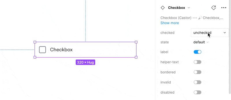 An animated gif showing the results of changing the variant properties and toggles in Figma
