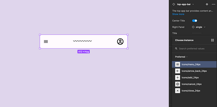 The contextual panel in Figma shows the preferred instances when a Nav component is selected