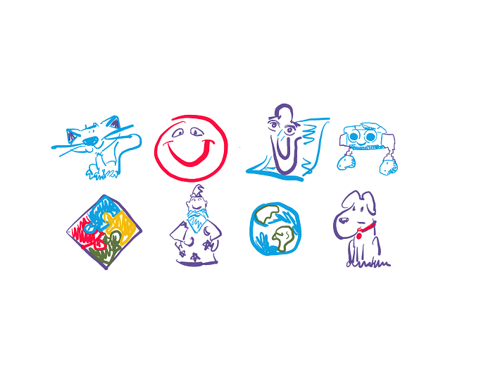 Drawing of variations of Clippy’s avatar: a cat, a red dot, a paperclip, a small robot, the Windows 97 logo, a wizard, mother earth and a puppy