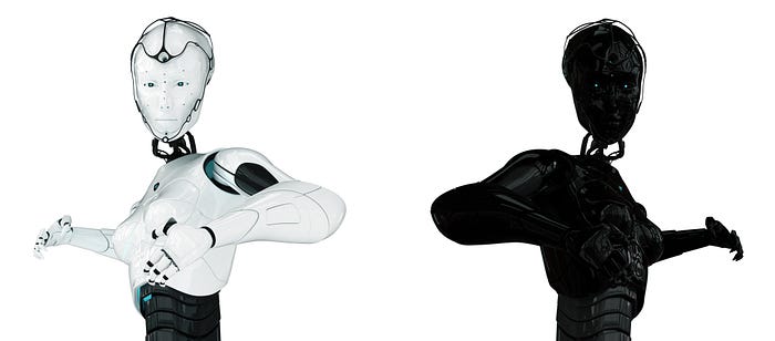 Image of two cyborg robots, standing back to back. Robot on the left is all white. Robot on the right is all black.