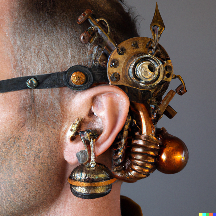steampunk device attached to a human ear