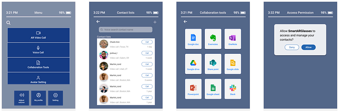 Figma prototype for the menu screen, contact screen, and collaboration tools screen design