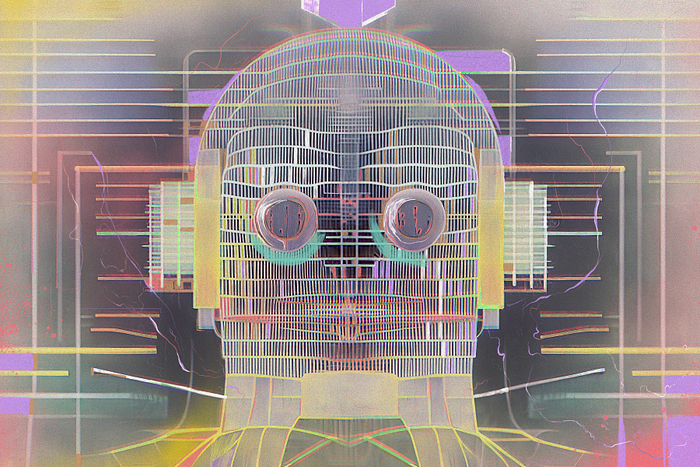 An illustrative representation of a robot’s head made of thin lines and geometric shapes. It was created with the Generative tool Midjourney, and further textured and drawn with Procreate.