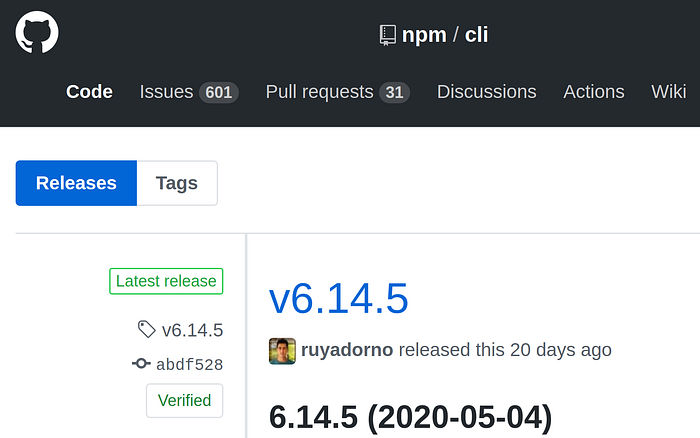 a GitHub website running v6.14.5 npm