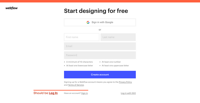 Webflow’s signup page with a link titled “Sign In” at the bottom of the page