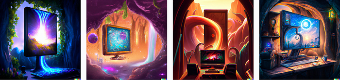 Four different digital arts with diferent colors and lights representing a computer that is a portal to another dimension world.