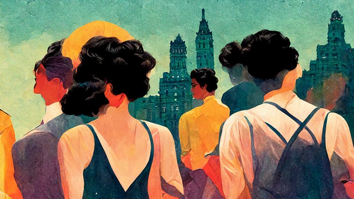 A watercolor style of a crowd in NY, focusing on the backs of two people.