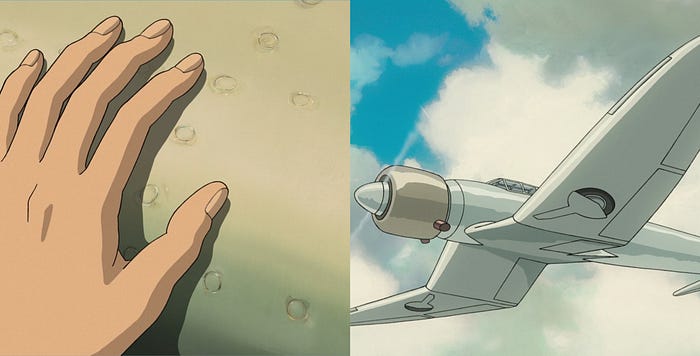 Two images: on the left the screws detail of the Mitsubishi Zero; on the right the Mitsubishi Zero flying.