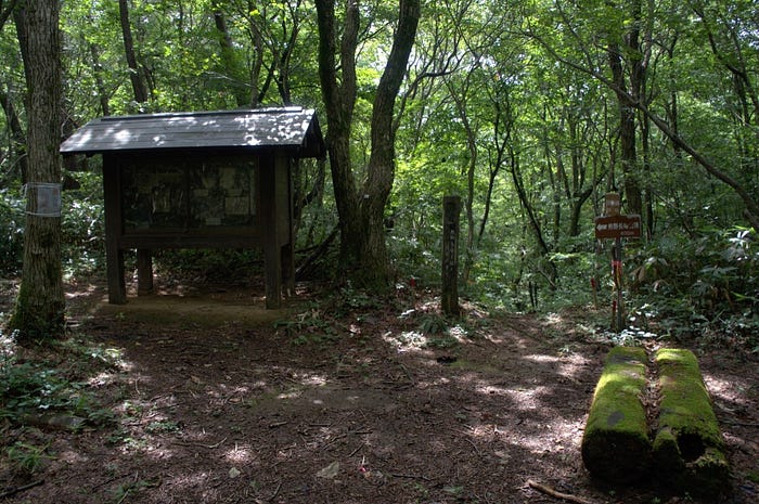 An box in the middle of the forest path full of various artifacts from Mt. Kumanonagamine, one of the 100 Famous Mountains of Yamagata in Tohoku, north Japan.