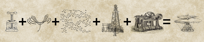 A woodcut engraving of a screw-press, a plus sign, an engraving of a spinning maple key, a plus sign, a carbon fiber molecule, a plus sign, an oil well, a plus sign, an internal combustion engine, an equals sign, DaVinci’s drawing of a helicopter.