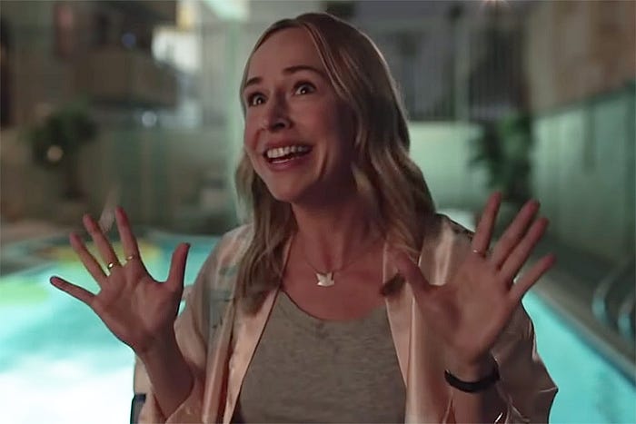 Sally anxiously waving her hands around as she rants out her monologue.