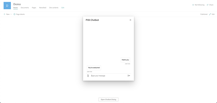 Screenshot of PVA Chatbot in Demo SharePoint site