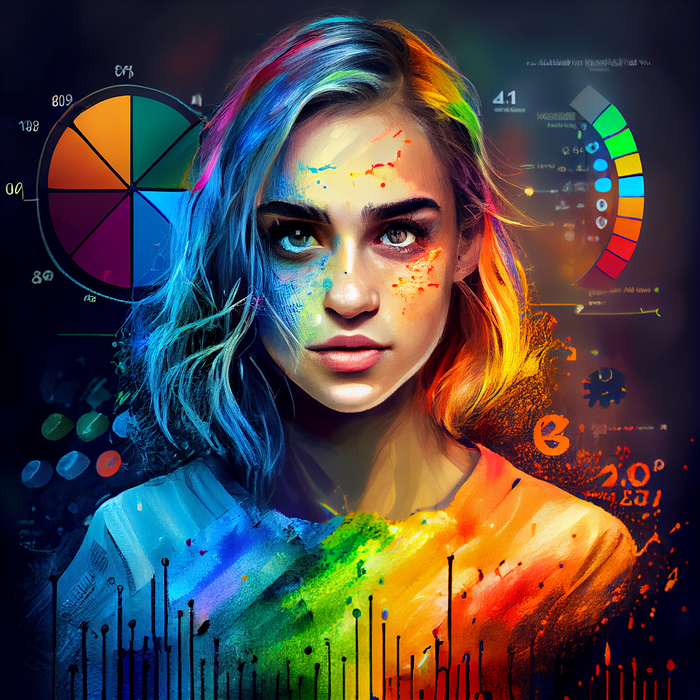A picture that has a female with rainbow color on her and data visualizations/graphs.