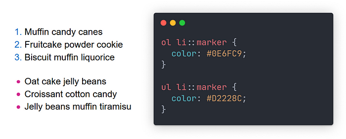 Code snippet with preview of ordered and unordered lists with colored markers.