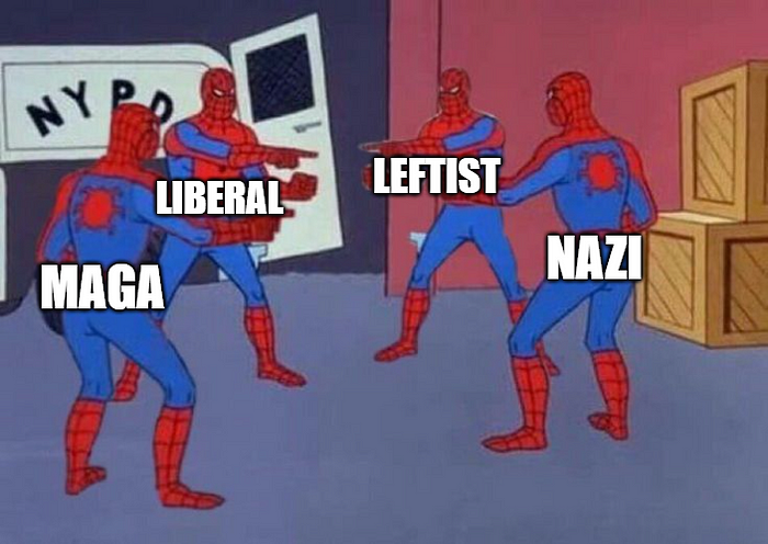spider man meme of four spider mans all pointing to one another. from left to right they are labeled, “MAGA”, “liberal,” “leftist”, “Nazi.”